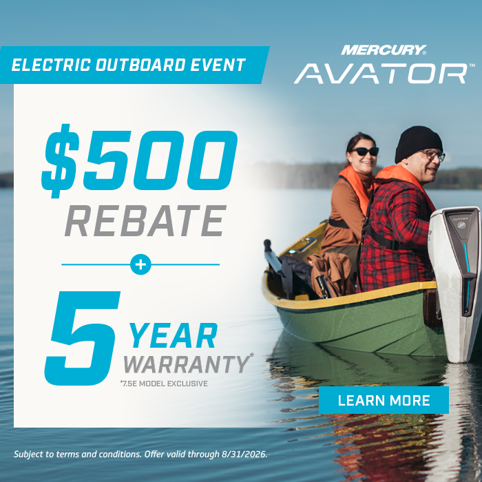 Mercury Avator 7.5e Electric Outboard Rebate: $500 Back + 5-Year Warranty