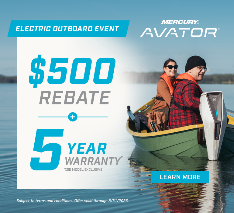 Mercury Avator 7.5e Electric Outboard Rebate: $500 Back + 5-Year Warranty