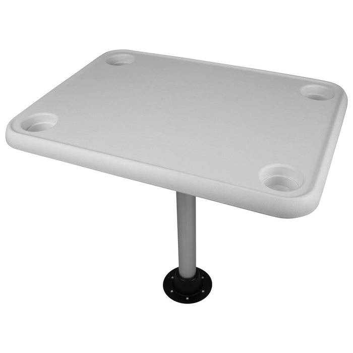Mesa rectangular Wise White con 4 portavasos y pedestal