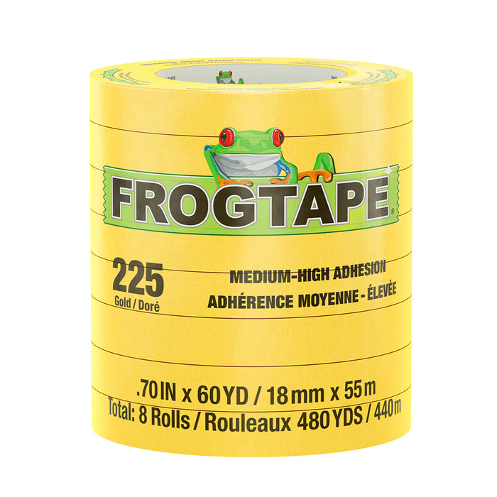 Cinta de enmascarar FrogTape CP 225 de adherencia media-alta - 18 mm x 55 m x paquete de 8 - Dorada - Apta para 225 °F