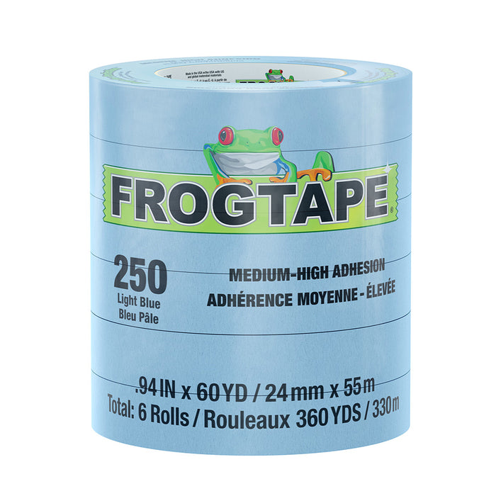 Cinta de enmascarar FrogTape CP 250 de adherencia media-alta - 24 mm x 55 m x paquete de 6 - Azul claro - Apta para 250 °F