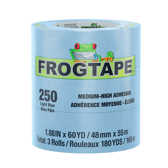 Cinta de enmascarar FrogTape CP 250 de adherencia media-alta - 48 mm x 55 m x paquete de 3 - Azul claro - Apta para 250 °F