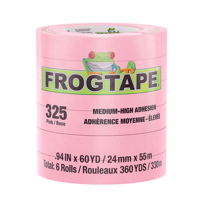 Cinta de enmascarar FrogTape CP 325 de adherencia media-alta - 24 mm x 55 m x paquete de 6 - Rosa - Apta para 325 °F