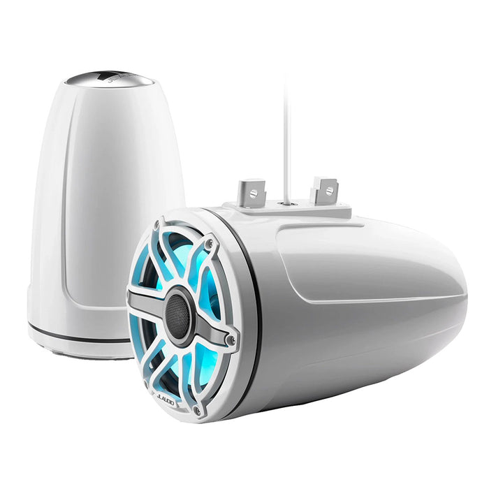 Sistema coaxial de torre cerrado JL Audio Serie M6 de 7.7" con rejilla clásica en blanco brillante e iluminación LED transflectiva - M6-770ETXV3-GW-S-GWGW-I