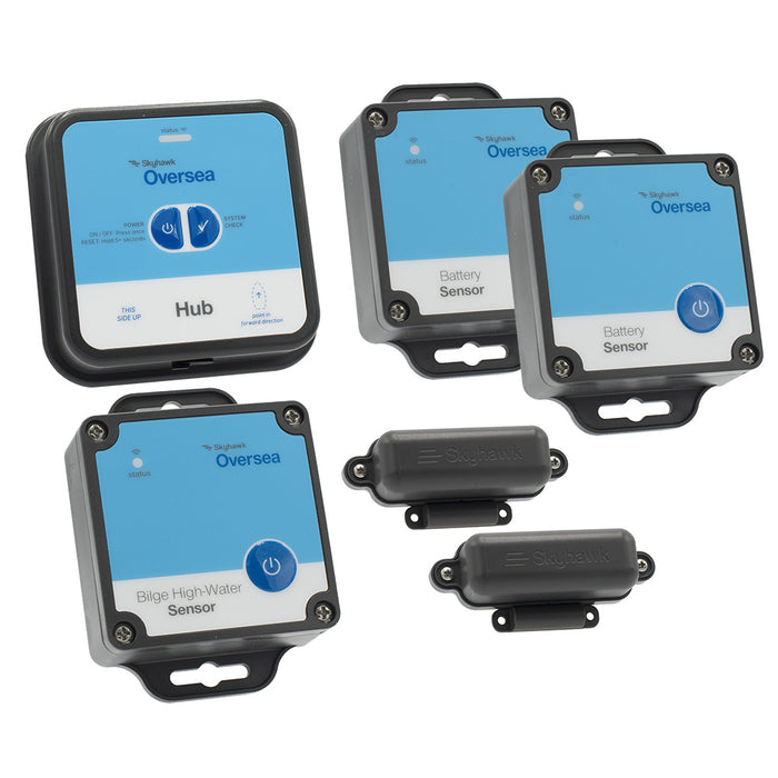 Paquete de concentrador de pesca Skyhawk Oversea: 1 concentrador Oversea, 2 sensores de batería, 2 sensores de entrada y 2 sensores de nivel de agua en sentina