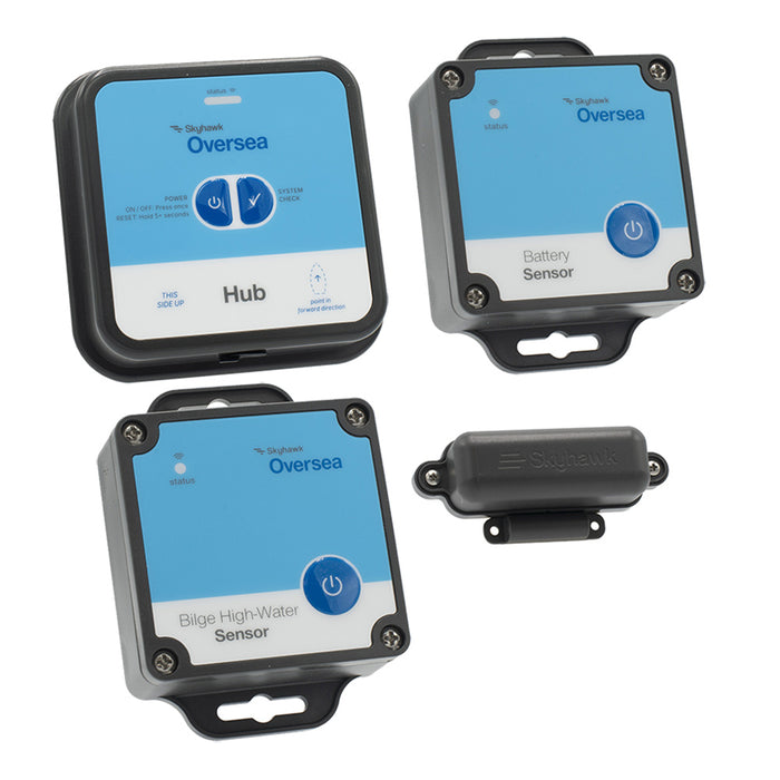 Kit de inicio Skyhawk Oversea: 1 concentrador Oversea, 1 sensor de batería, 1 sensor de nivel de agua en sentina y 1 sensor de entrada