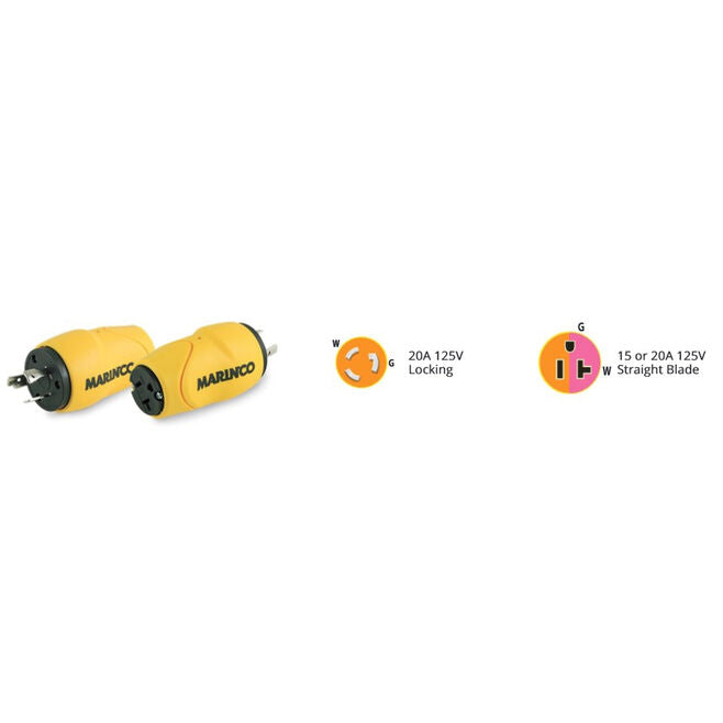 Marinco S20-15 Straight Adapter (20A Male to 15/20A Fem), 20A 125V Locking to 15 or 20A 125V Straight Blade