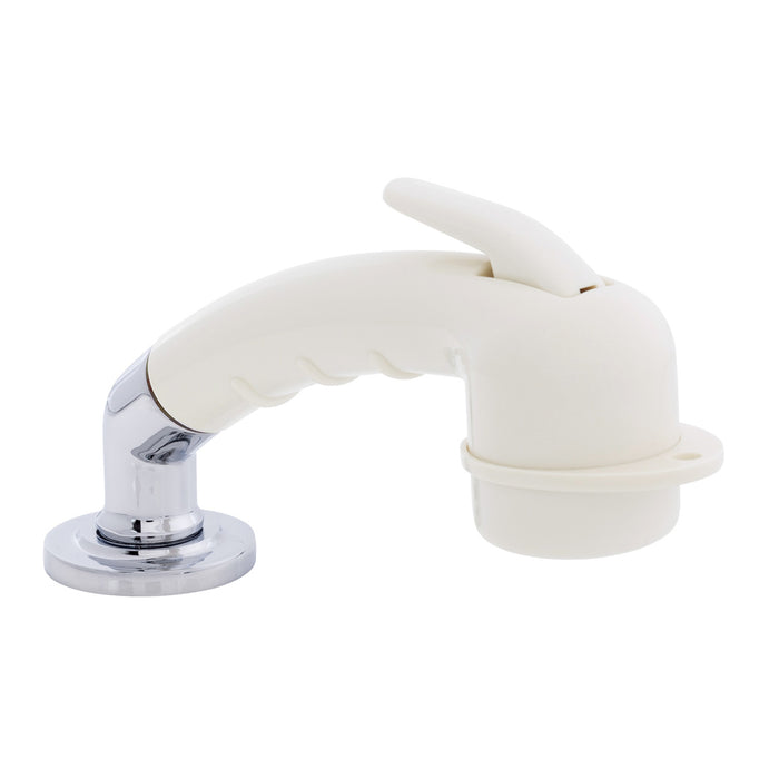 Rociador de cubierta Ambassador Marine 134-0009-WH-R - Pequeño, blanco cálido, con codo, manguera de goma blanca de 1,8 m y soporte de perfil ultrabajo