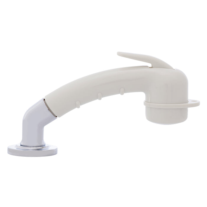 Rociador de cubierta Ambassador Marine 134-0009-WH-R - Pequeño, blanco cálido, con codo, manguera de goma blanca de 1,8 m y soporte de perfil ultrabajo