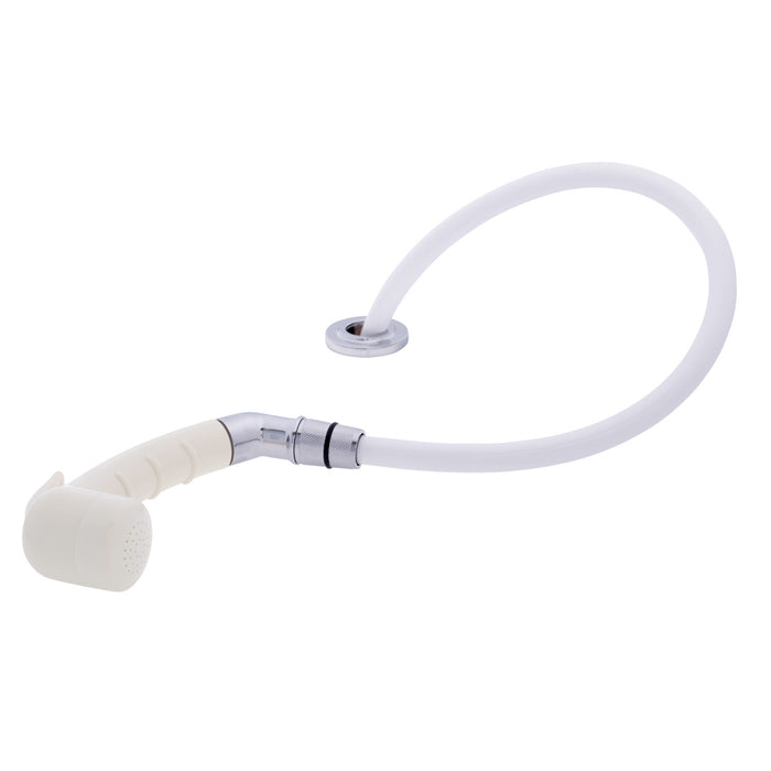Rociador de cubierta Ambassador Marine 134-0020-WH-R - Pequeño, blanco cálido (sin gancho), con codo, manguera de goma blanca de 1,8 m y soporte de perfil ultrabajo