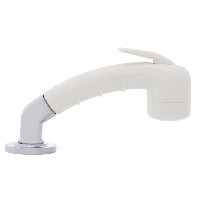 Rociador de cubierta Ambassador Marine 134-0020-WH-R - Pequeño, blanco cálido (sin gancho), con codo, manguera de goma blanca de 1,8 m y soporte de perfil ultrabajo