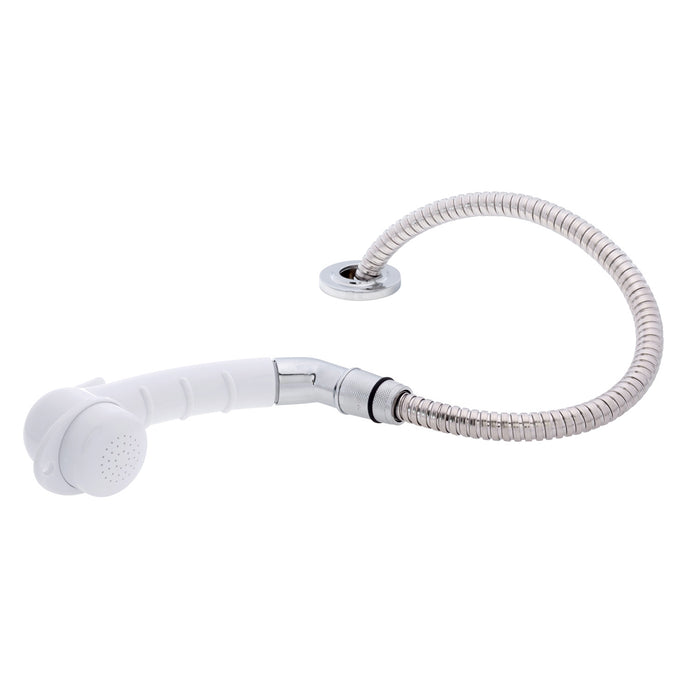 Rociador de cubierta Ambassador Marine 134-0031-AW-R - Pequeño, color blanco ártico, con codo, manguera de acero inoxidable de 1,8 m y soporte de perfil bajo