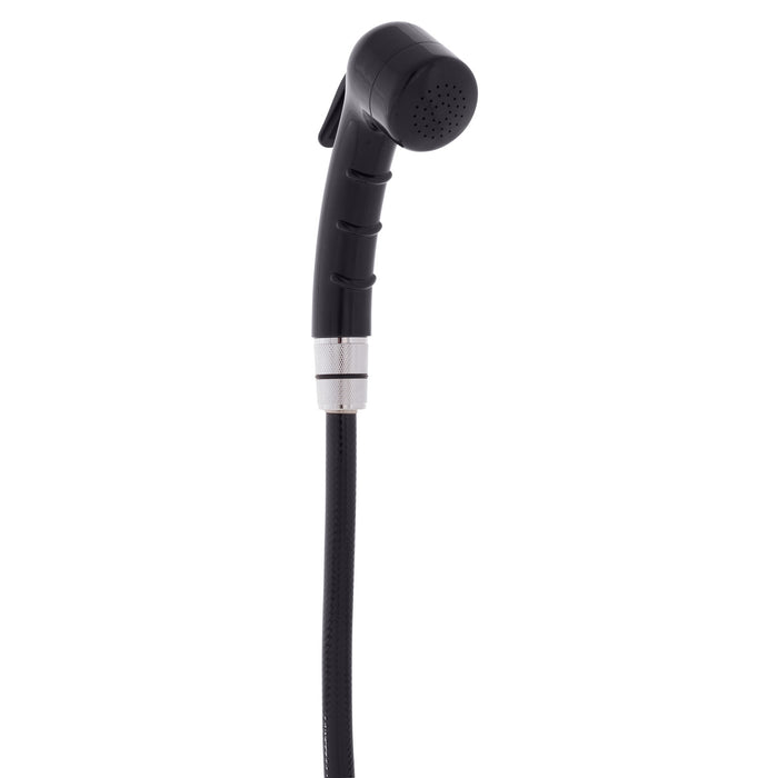 Ducha empotrada Ambassador Marine 136-0006-KP-R - Vaso y tapa negros, rociador negro pequeño (sin gancho), manguera de goma negra de 1,8 m