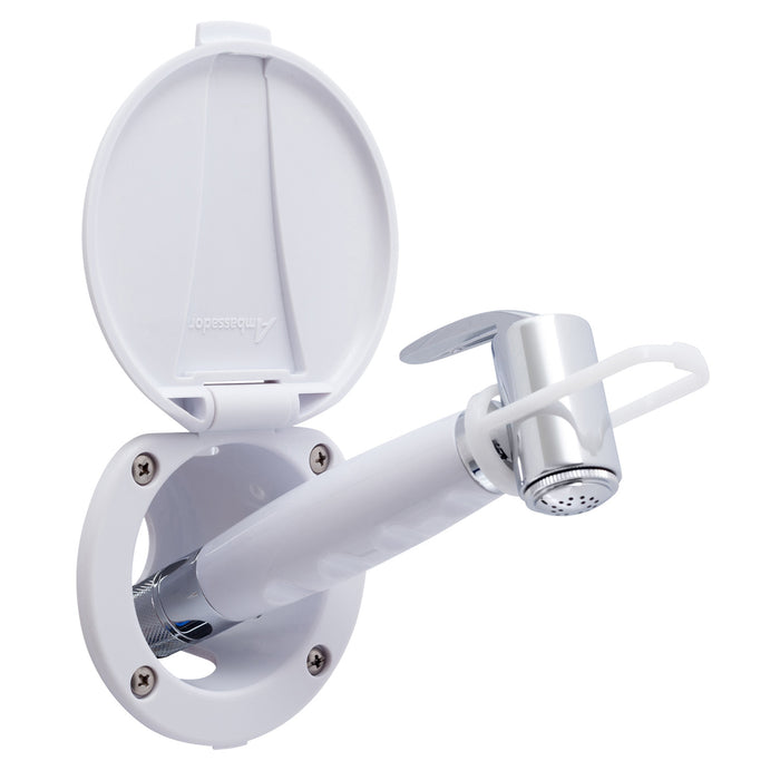 Ducha empotrada Ambassador Marine 136-0012-AW-R - Taza y tapa en blanco ártico, rociador Hammer-Head en blanco ártico, manguera de goma blanca de 1,8 m