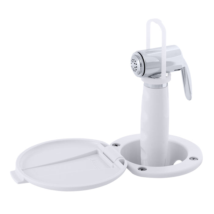 Ducha empotrada Ambassador Marine 136-0012-AW-R - Taza y tapa en blanco ártico, rociador Hammer-Head en blanco ártico, manguera de goma blanca de 1,8 m