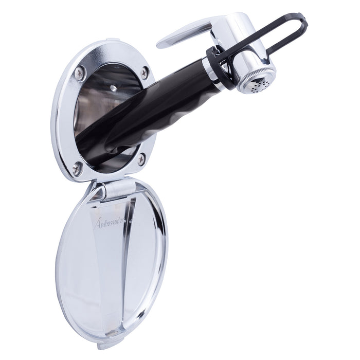 Ambassador Marine 136-0012-CP-R Recessed Shower- Chrome Cup & Lid, Hammer-Head Black Sprayer, 6' Black Rubber Hose