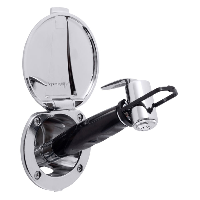 Ambassador Marine 136-0012-CP-R Recessed Shower- Chrome Cup & Lid, Hammer-Head Black Sprayer, 6' Black Rubber Hose