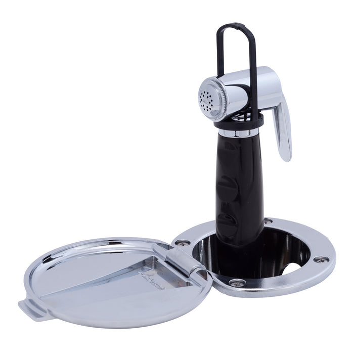 Ambassador Marine 136-0012-CP-R Recessed Shower- Chrome Cup & Lid, Hammer-Head Black Sprayer, 6' Black Rubber Hose