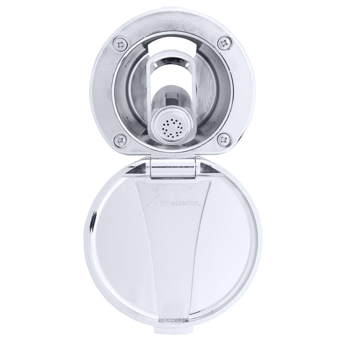 Ducha empotrada Ambassador Marine 136-0012-CW-R con taza y tapa cromadas, rociador Hammer-Head blanco cálido y manguera de goma blanca de 1,8 m
