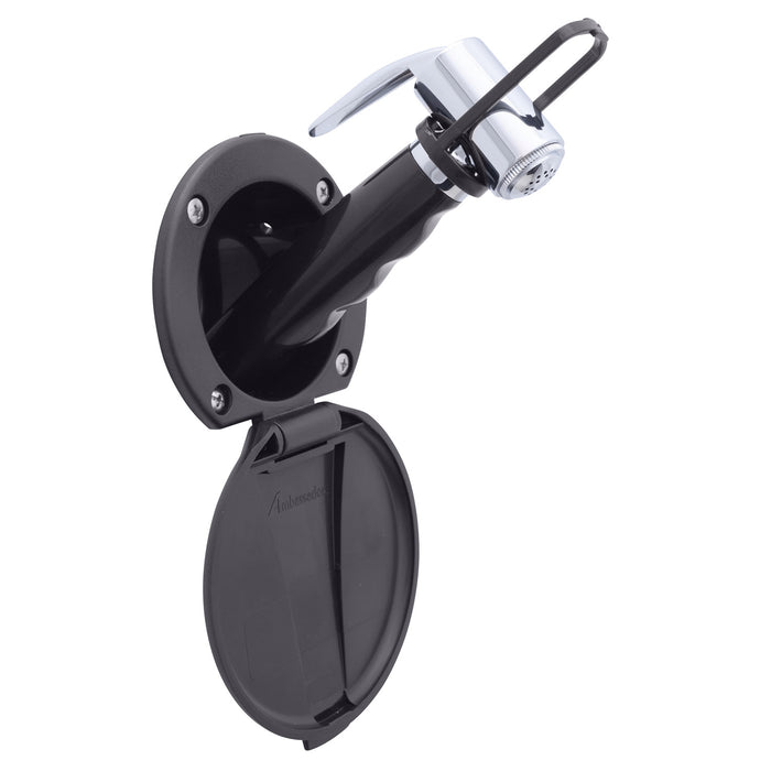 Ambassador Marine 136-0012-KP-R Recessed Shower- Black Cup & Lid, Hammer-Head Black Sprayer, 6' Black Rubber Hose