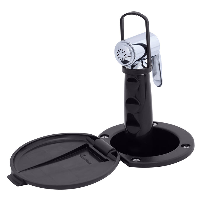 Ambassador Marine 136-0012-KP-R Recessed Shower- Black Cup & Lid, Hammer-Head Black Sprayer, 6' Black Rubber Hose