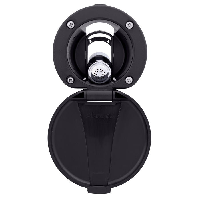 Ambassador Marine 136-0012-KP-R Recessed Shower- Black Cup & Lid, Hammer-Head Black Sprayer, 6' Black Rubber Hose