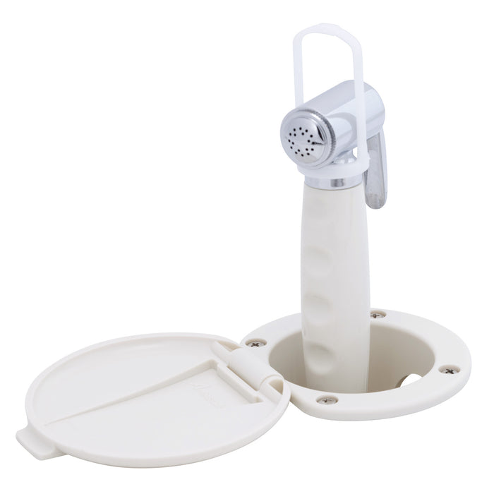 Ambassador Marine 136-0012-WH-R Recessed Shower- Warm White Cup & Lid, Hammer-Head Warm White Sprayer, 6' White Rubber Hose
