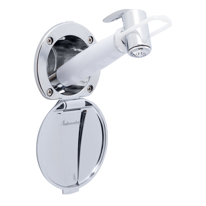 Ambassador Marine 136-0014-CA-R Recessed Shower- Chrome Cup & Lid, Hammer-Head Arctic White Sprayer, 10' White Rubber Hose