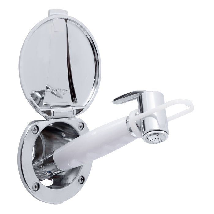 Ambassador Marine 136-0014-CA-R Recessed Shower- Chrome Cup & Lid, Hammer-Head Arctic White Sprayer, 10' White Rubber Hose