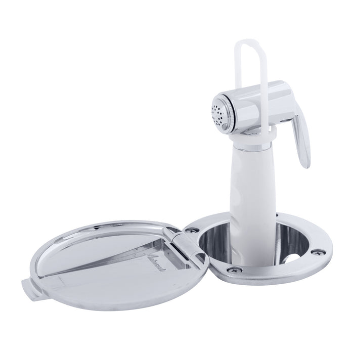 Ambassador Marine 136-0014-CA-R Recessed Shower- Chrome Cup & Lid, Hammer-Head Arctic White Sprayer, 10' White Rubber Hose