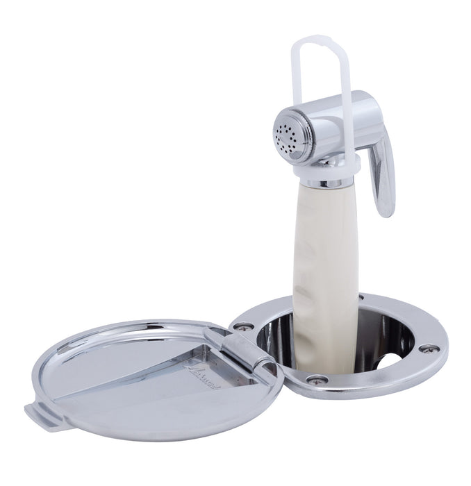 Ambassador Marine 136-0014-CW-R Recessed Shower- Chrome Cup & Lid, Hammer-Head Warm White Sprayer, 10' White Rubber Hose