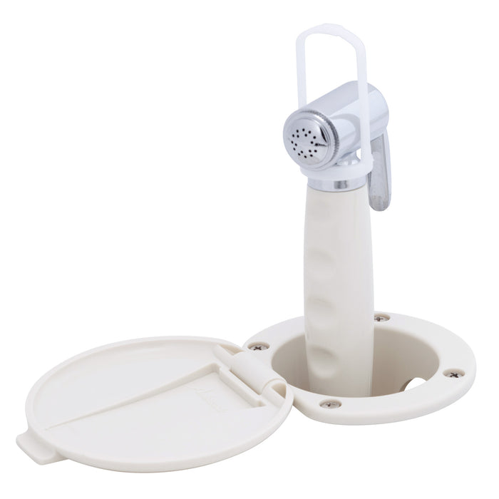 Ambassador Marine 136-0014-WH-R Recessed Shower- Warm White Cup & Lid, Hammer-Head Warm White Sprayer, 10' White Rubber Hose