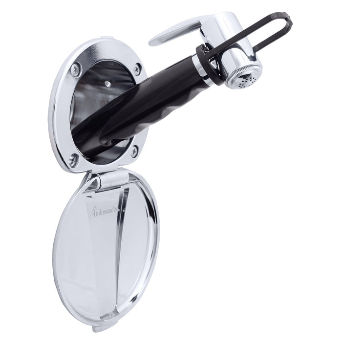 Ambassador Marine 136-0016-CP-R Recessed Shower- Chrome Cup & Lid, Hammer-Head Black Sprayer, 6' Stainless Steel Hose