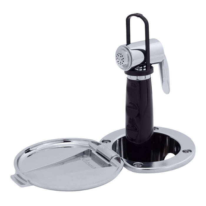 Ambassador Marine 136-0016-CP-R Recessed Shower- Chrome Cup & Lid, Hammer-Head Black Sprayer, 6' Stainless Steel Hose