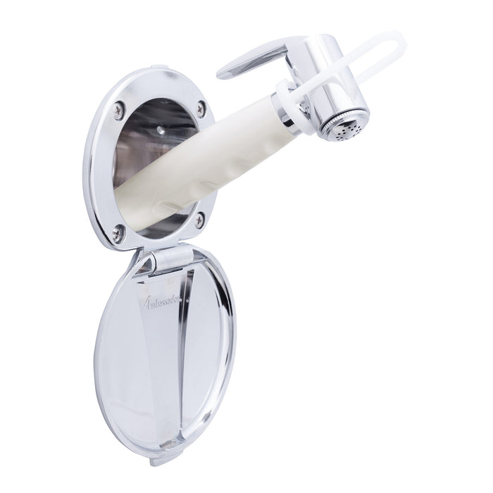 Ambassador Marine 136-0016-CW-R Recessed Shower- Chrome Cup & Lid, Hammer-Head Warm White Sprayer, 6' Stainless Steel Hose