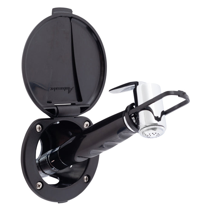 Ambassador Marine 136-0016-KP-R Recessed Shower- Black Cup & Lid, Hammer-Head Black Sprayer, 6' Stainless Steel Hose