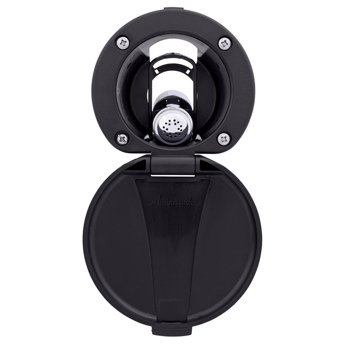Ambassador Marine 136-0016-KP-R Recessed Shower- Black Cup & Lid, Hammer-Head Black Sprayer, 6' Stainless Steel Hose