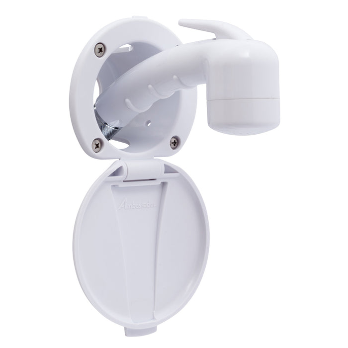 Ducha empotrada Ambassador Marine 136-0017-AW-R - Taza y tapa en blanco ártico, rociador pequeño en blanco ártico (sin gancho), manguera de goma blanca de 3 m