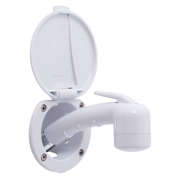 Ducha empotrada Ambassador Marine 136-0017-AW-R - Taza y tapa en blanco ártico, rociador pequeño en blanco ártico (sin gancho), manguera de goma blanca de 3 m