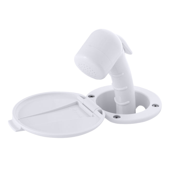 Ducha empotrada Ambassador Marine 136-0017-AW-R - Taza y tapa en blanco ártico, rociador pequeño en blanco ártico (sin gancho), manguera de goma blanca de 3 m