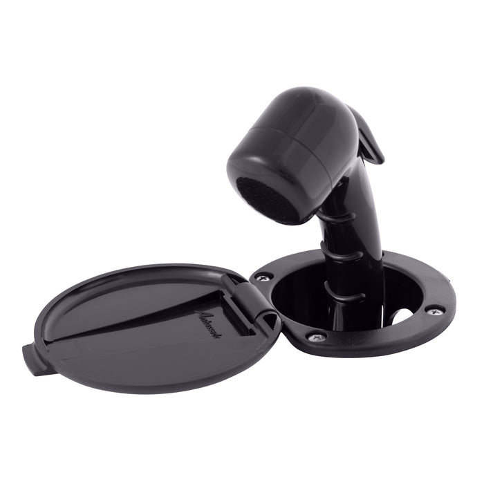 Ducha empotrada Ambassador Marine 136-0018-KP-R - Vaso y tapa negros, rociador negro pequeño (sin gancho), manguera de acero inoxidable de 1,8 m