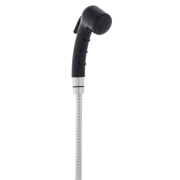 Ducha empotrada Ambassador Marine 136-0018-KP-R - Vaso y tapa negros, rociador negro pequeño (sin gancho), manguera de acero inoxidable de 1,8 m