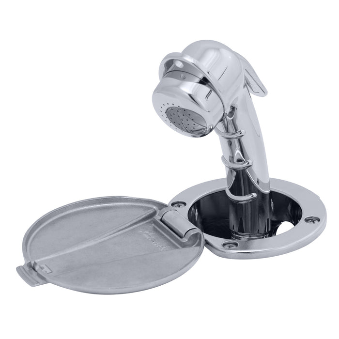 Ambassador Marine 136-0040-CP-R Recessed Shower- Chrome Cup with Stainless Steel Lid, Small Chrome Sprayer, 6' Black Rubber Hose