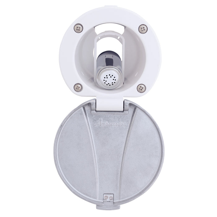 Ambassador Marine 136-0042-AW-R Recessed Shower- Arctic White Cup with Stainless Steel Lid, Hammer-Head Arctic White Sprayer, 6' White Rubber Hose