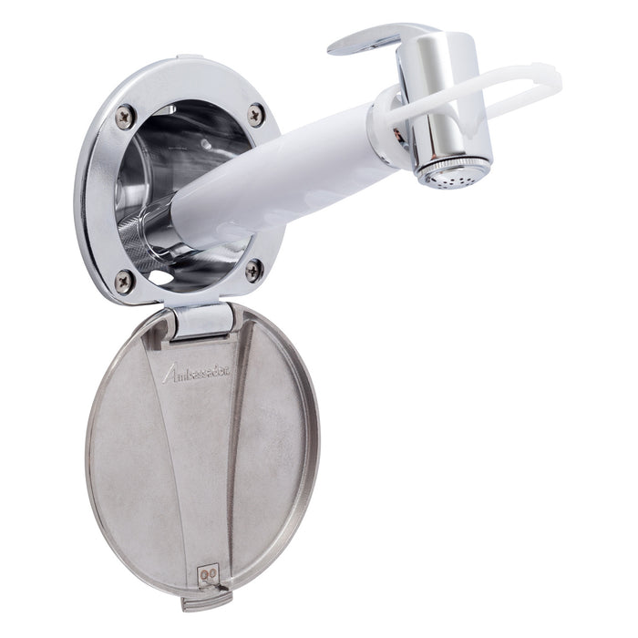 Ambassador Marine 136-0042-CA-R Recessed Shower- Chrome Cup with Stainless Steel Lid, Hammer-Head Arctic White Sprayer, 6' White Rubber Hose