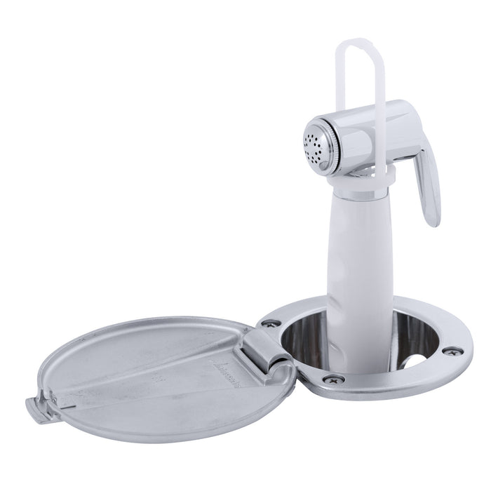 Ambassador Marine 136-0042-CA-R Recessed Shower- Chrome Cup with Stainless Steel Lid, Hammer-Head Arctic White Sprayer, 6' White Rubber Hose