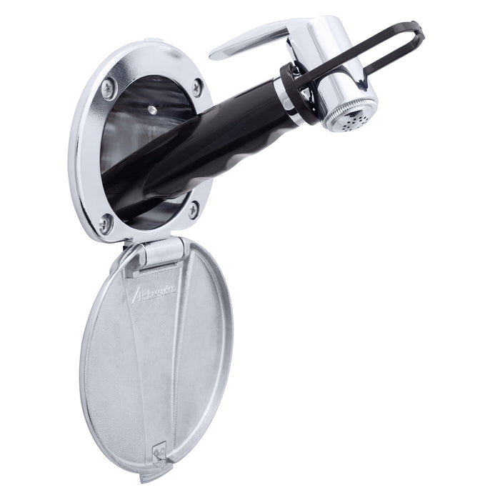 Ambassador Marine 136-0042-CP-R Recessed Shower- Chrome Cup with Stainless Steel Lid, Hammer-Head Black Sprayer, 6' Black Rubber Hose