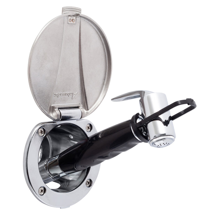 Ambassador Marine 136-0042-CP-R Recessed Shower- Chrome Cup with Stainless Steel Lid, Hammer-Head Black Sprayer, 6' Black Rubber Hose