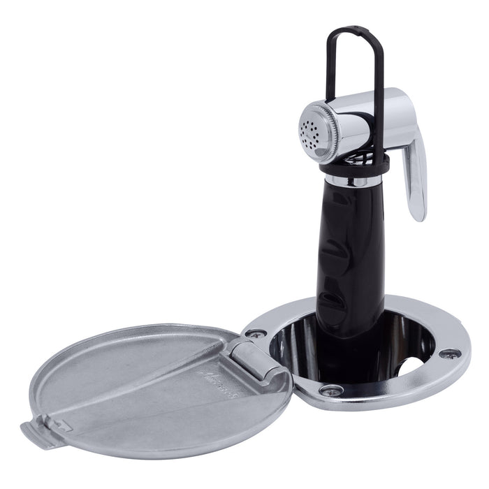 Ambassador Marine 136-0042-CP-R Recessed Shower- Chrome Cup with Stainless Steel Lid, Hammer-Head Black Sprayer, 6' Black Rubber Hose