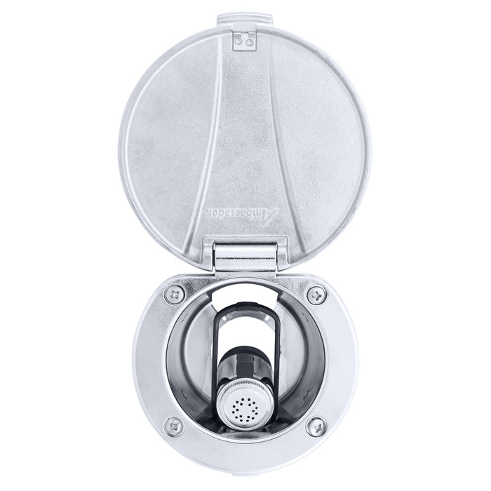 Ambassador Marine 136-0042-CP-R Recessed Shower- Chrome Cup with Stainless Steel Lid, Hammer-Head Black Sprayer, 6' Black Rubber Hose
